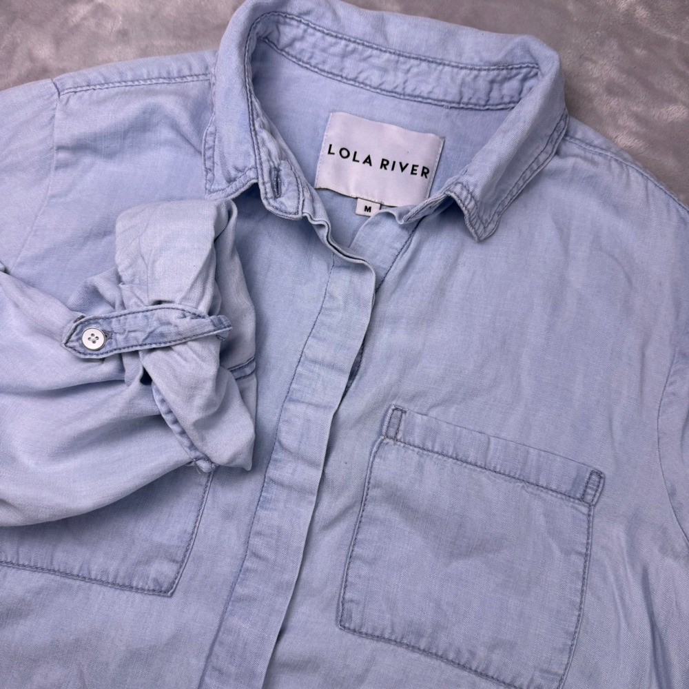 Lola River Light‎ Blue 100% Tencel Lyocell Roll Tab Button Down Shirt Women M